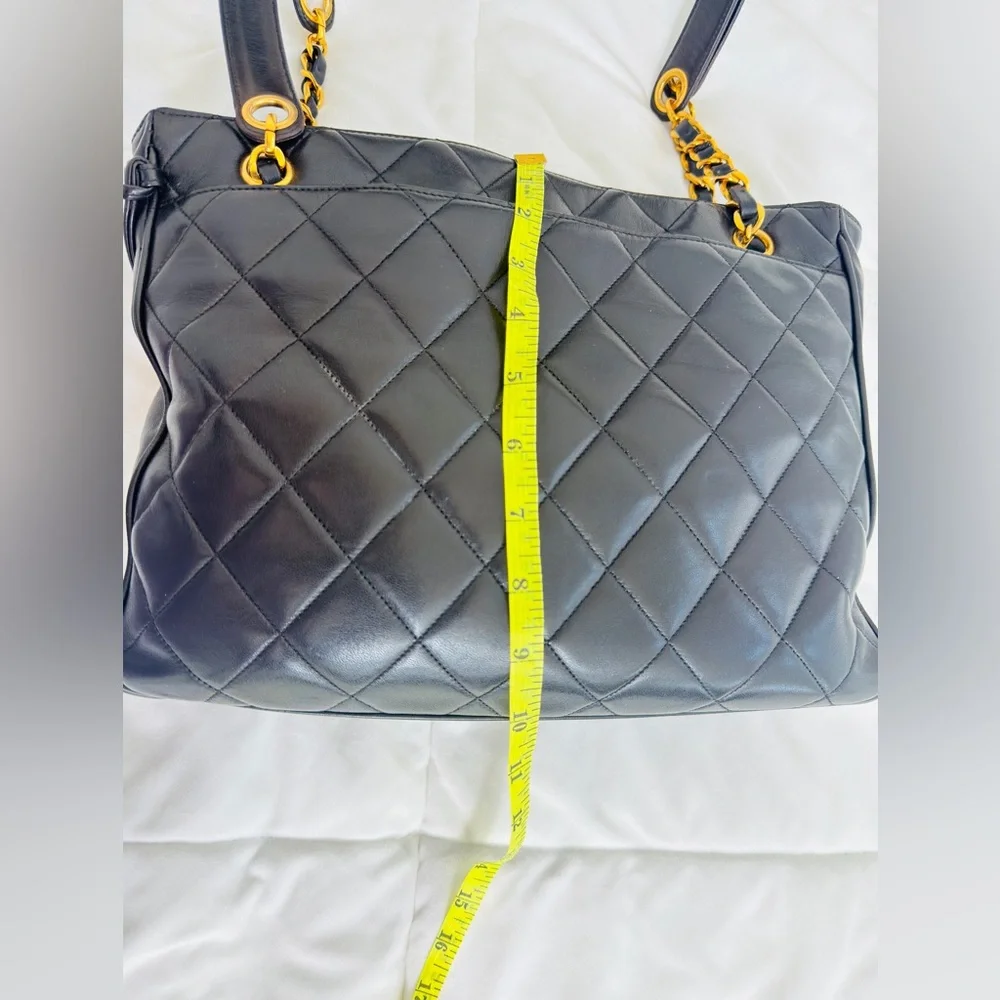 Chanel Vintage 24k Gold Plated Black Lambskin Quilted Tote Bag Gold Ball Charm